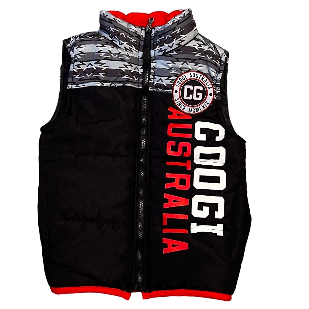 COOGIE Australia Puffer Vest Full Zip Black Red Gray Aztec Boys 3T Like New